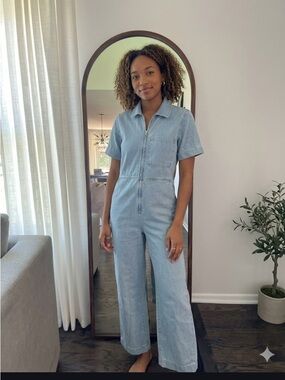 Zara Light Denim Jumpsuit One Piece Full Length Size S Utility Front Zip Pockets